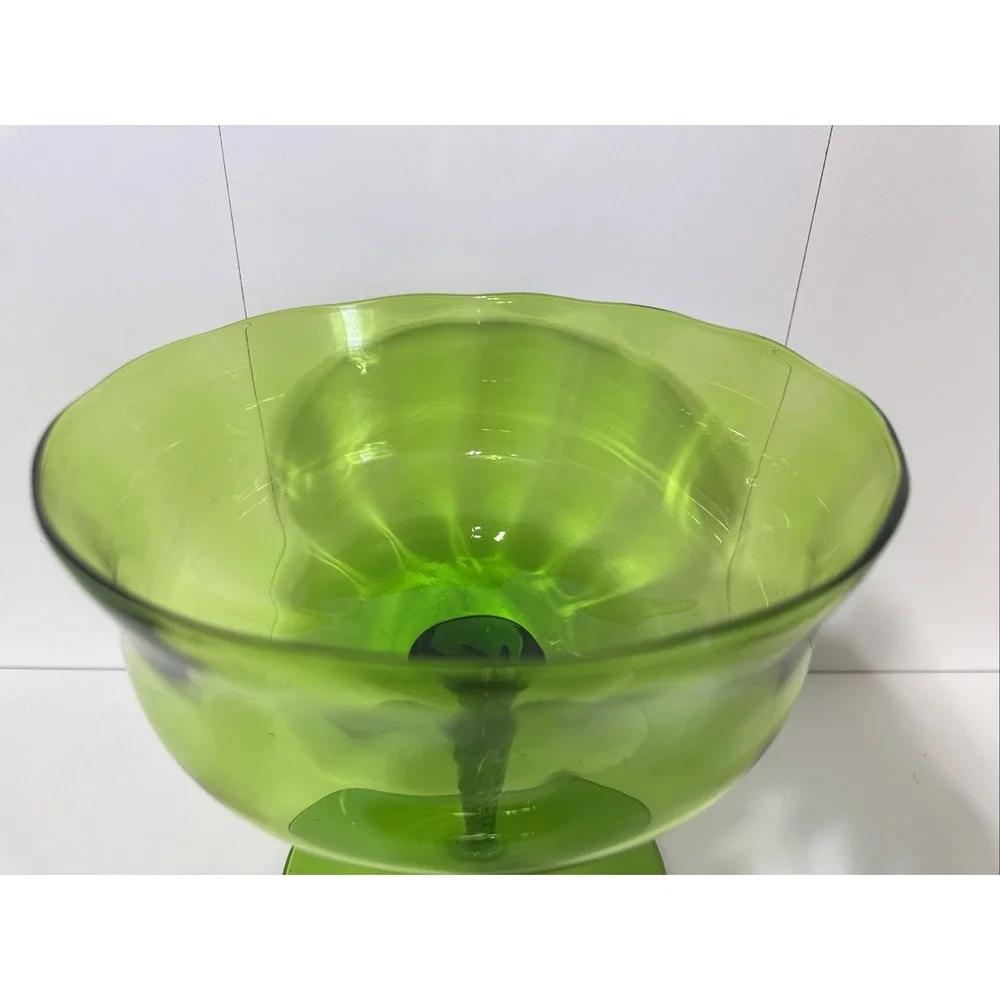 Vintage Green Glass Compote Twisted Stem Pedestal Bowl MCM 8in Tall